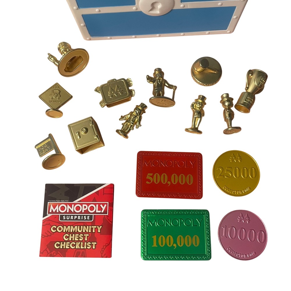 Monopoly Surprise Community Chest Gold Tokens Coins Currency Lot 15pc Checklist